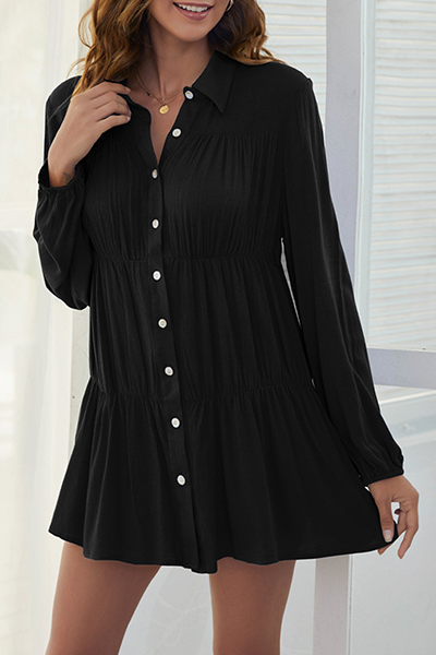 Casual Solid Buckle Fold Turndown Collar Shirt Dress Dresses