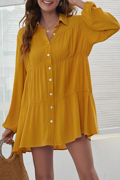 Casual Solid Buckle Fold Turndown Collar Shirt Dress Dresses