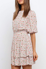 Casual Sweet Floral Split Joint Flounce O Neck Waist Skirt Dresses