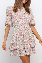 Casual Sweet Floral Split Joint Flounce O Neck Waist Skirt Dresses