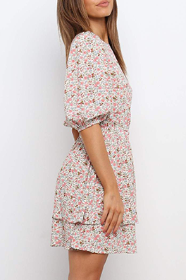 Casual Sweet Floral Split Joint Flounce O Neck Waist Skirt Dresses