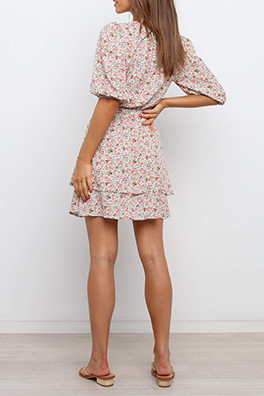 Casual Sweet Floral Split Joint Flounce O Neck Waist Skirt Dresses