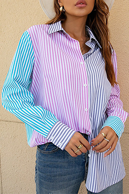 Casual Striped Split Joint Buckle Turndown Collar Tops