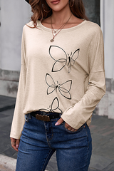 Casual Butterfly Print Split Joint Basic O Neck Tops(3 Colors)