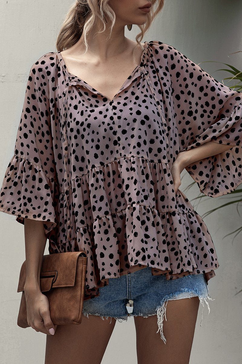 Ruffle Dot Lace-Up Neckline Top