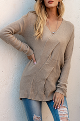 Casual Solid Split Joint Slit V Neck Tops