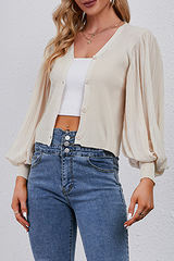 Casual Solid Split Joint Buckle V Neck Tops