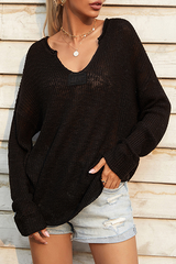 Casual Solid Split Joint Slit V Neck Tops Sweater(4 Colors)