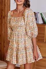 Sweet Floral Backless Flounce Fold Square Collar A Line Dresses