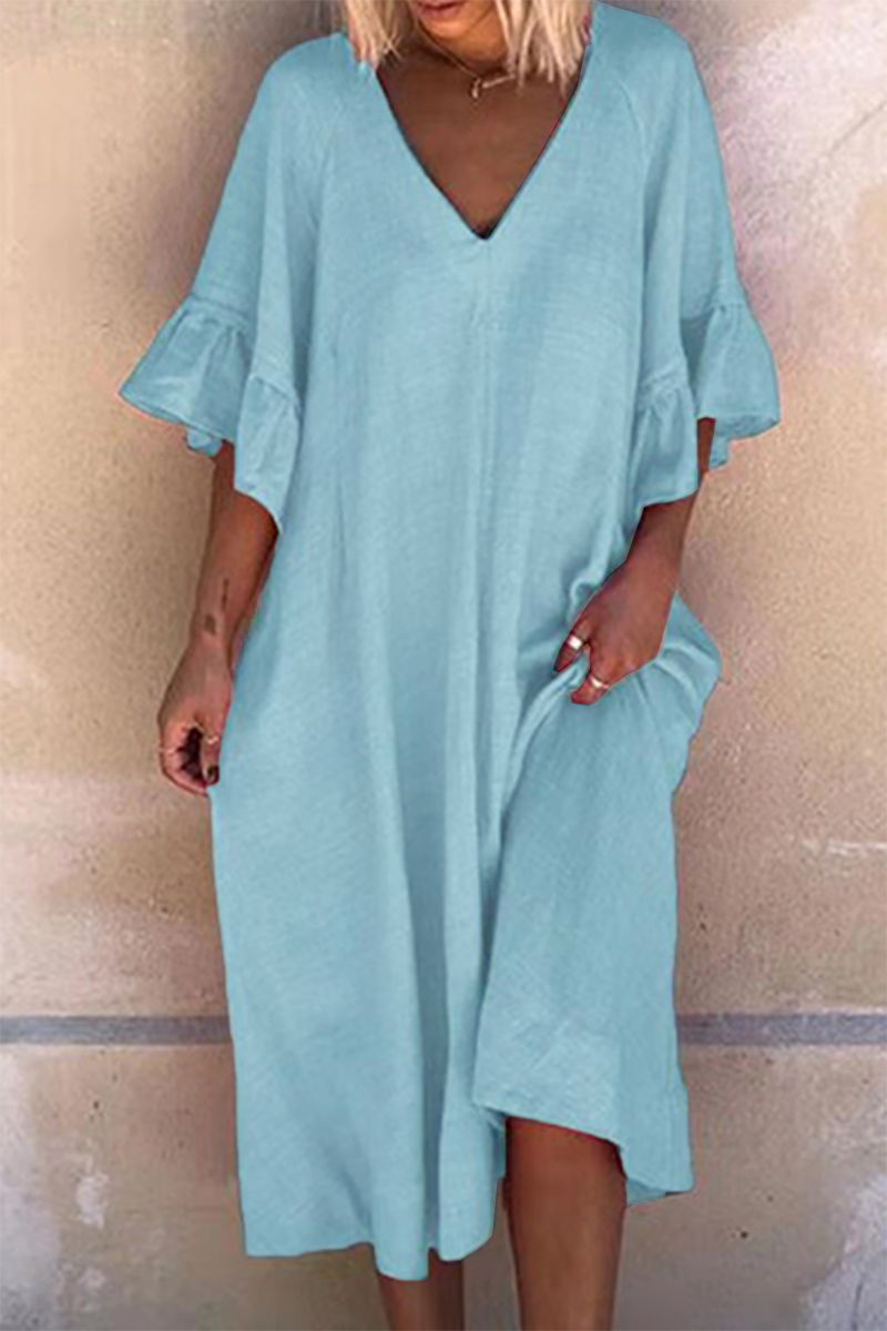 Casual Solid Split Joint Flounce V Neck Dresses(4 Colors)