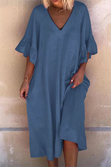 Casual Solid Split Joint Flounce V Neck Dresses(4 Colors)