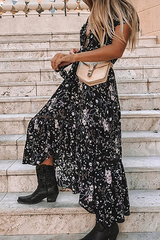 Fashion Floral Frenulum Flounce V Neck Irregular Dress Dresses