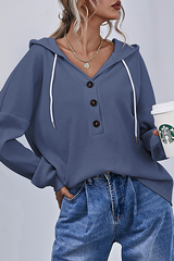 Casual Solid Draw String Buttons Hooded Collar Tops(3 Colors)