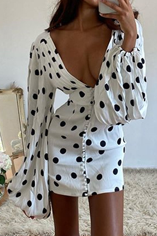 Fashion Elegant Polka Dot Split Joint Buckle V Neck Pencil Skirt Dresses