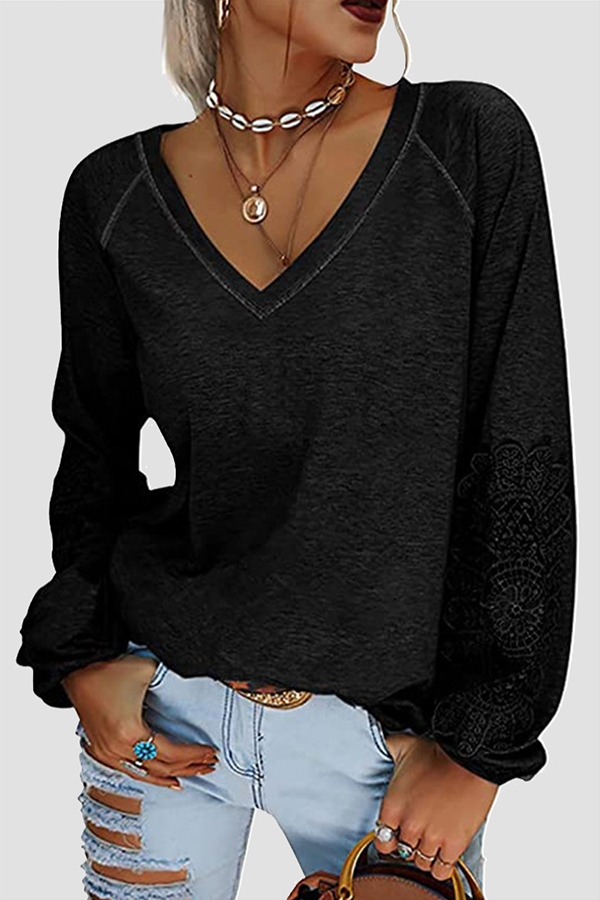 Casual Solid Lace Split Joint V Neck T-Shirts