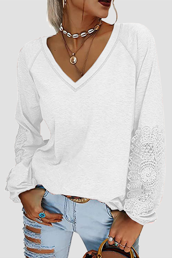 Casual Solid Lace Split Joint V Neck T-Shirts