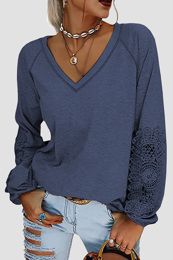 Casual Solid Lace Split Joint V Neck T-Shirts