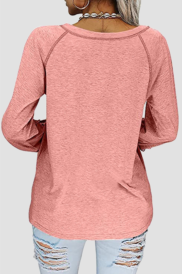 Casual Solid Lace Split Joint V Neck T-Shirts