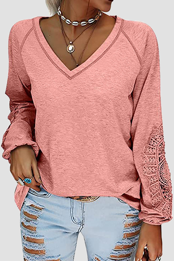 Casual Solid Lace Split Joint V Neck T-Shirts