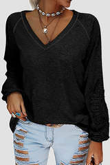 Casual Solid Lace Split Joint V Neck T-Shirts