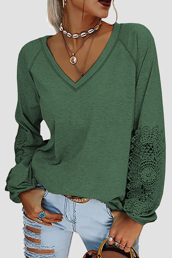 Casual Solid Lace Split Joint V Neck T-Shirts