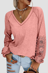 Casual Solid Lace Split Joint V Neck T-Shirts