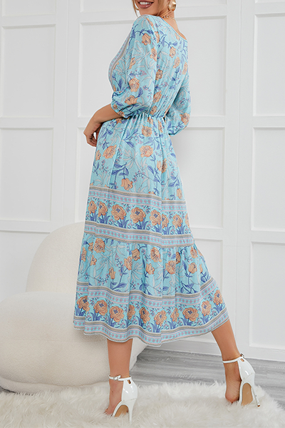 Bohemian Floral Buckle V Neck A Line Dresses