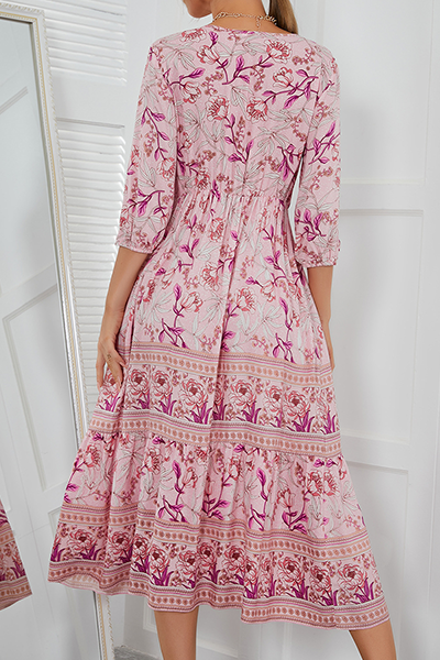 Bohemian Floral Buckle V Neck A Line Dresses