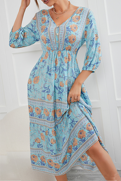 Bohemian Floral Buckle V Neck A Line Dresses