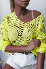 Casual Solid Hollowed Out Split Joint V Neck Tops