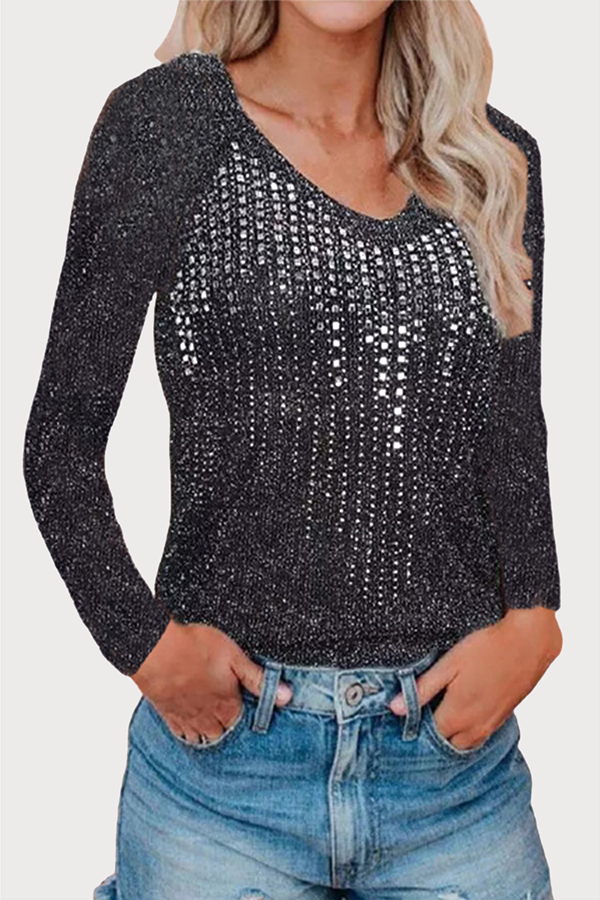 Casual Hot Drilling Split Joint Sequined O Neck Tops