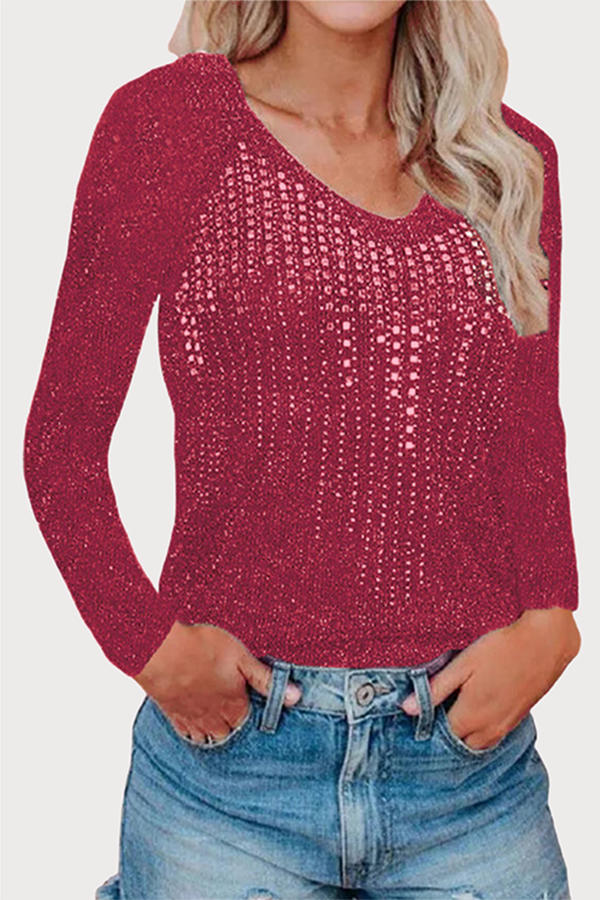 Casual Hot Drilling Split Joint Sequined O Neck Tops