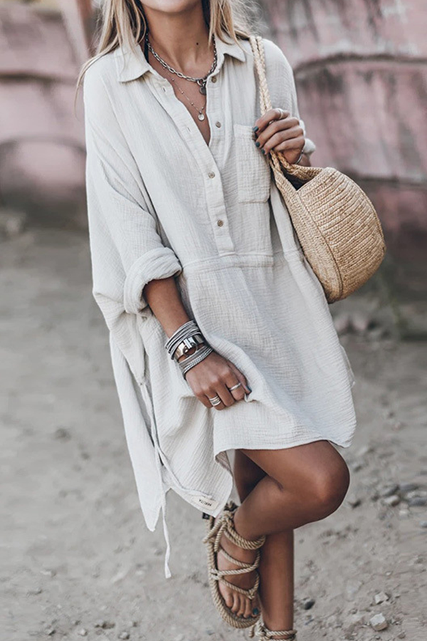 Casual Solid Pocket Buckle Turndown Collar Dresses