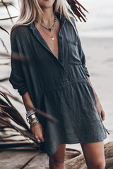 Casual Solid Pocket Buckle Turndown Collar Dresses