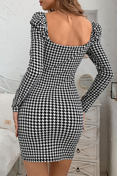 Fashion Elegant Plaid Geometric Square Collar Wrapped Skirt Dresses