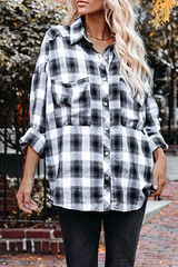 Casual Street Plaid Pocket Buckle Turndown Collar Tops