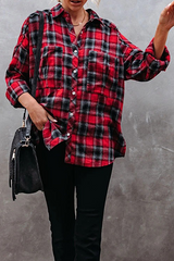 Casual Street Plaid Pocket Buckle Turndown Collar Tops