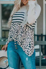 Casual Striped Leopard Split Joint Asymmetrical O Neck Tops