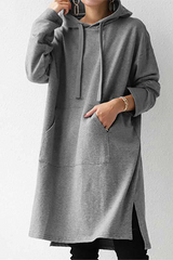 Casual Street Solid Draw String Pocket Slit Hooded Collar Tops