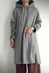 Casual Street Solid Draw String Pocket Slit Hooded Collar Tops