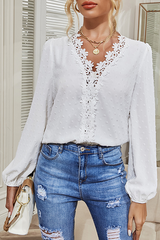 Fashion Elegant Solid Lace Split Joint V Neck Tops