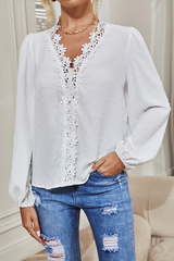 Fashion Elegant Solid Lace Split Joint V Neck Tops