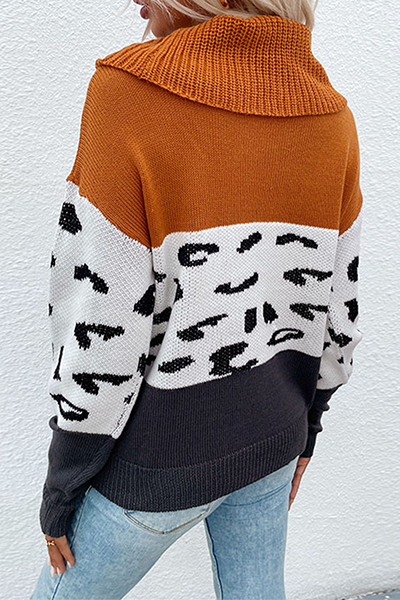 Casual Leopard Split Joint  Contrast Turtleneck Tops