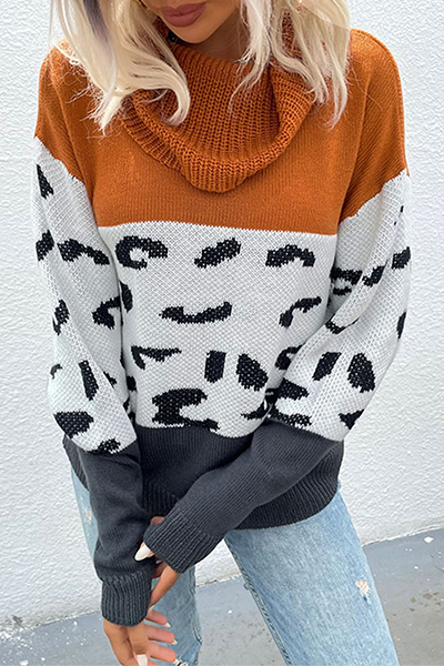 Casual Leopard Split Joint  Contrast Turtleneck Tops