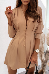 Fashion Elegant Solid Buckle Fold V Neck A Line Dresses