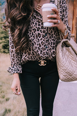 Fashion Leopard Buckle Turndown Collar Tops(4Colors)