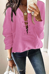 Casual Solid Split Joint Cross Straps V Neck Tops