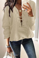 Casual Solid Split Joint Cross Straps V Neck Tops