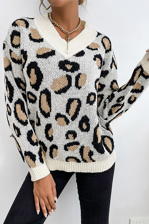 Casual Leopard Split Joint V Neck Tops