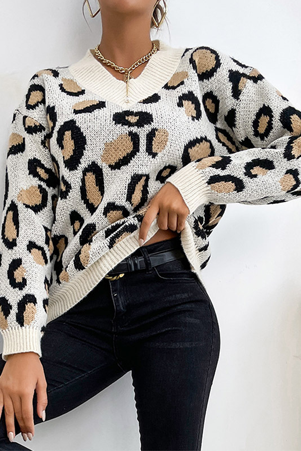 Casual Leopard Split Joint V Neck Tops